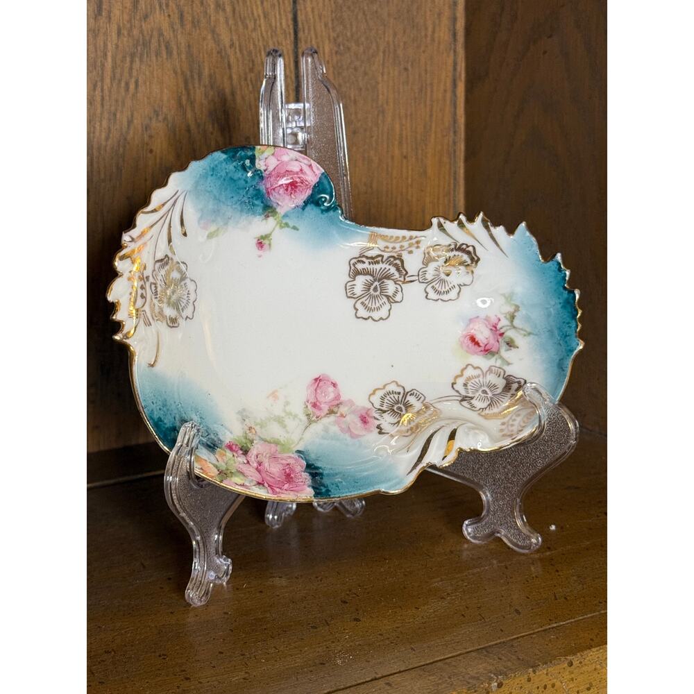 Antique RS Prussia Style Shell Shaped Porcelain Dish Teal Blue Pink Roses Gold
